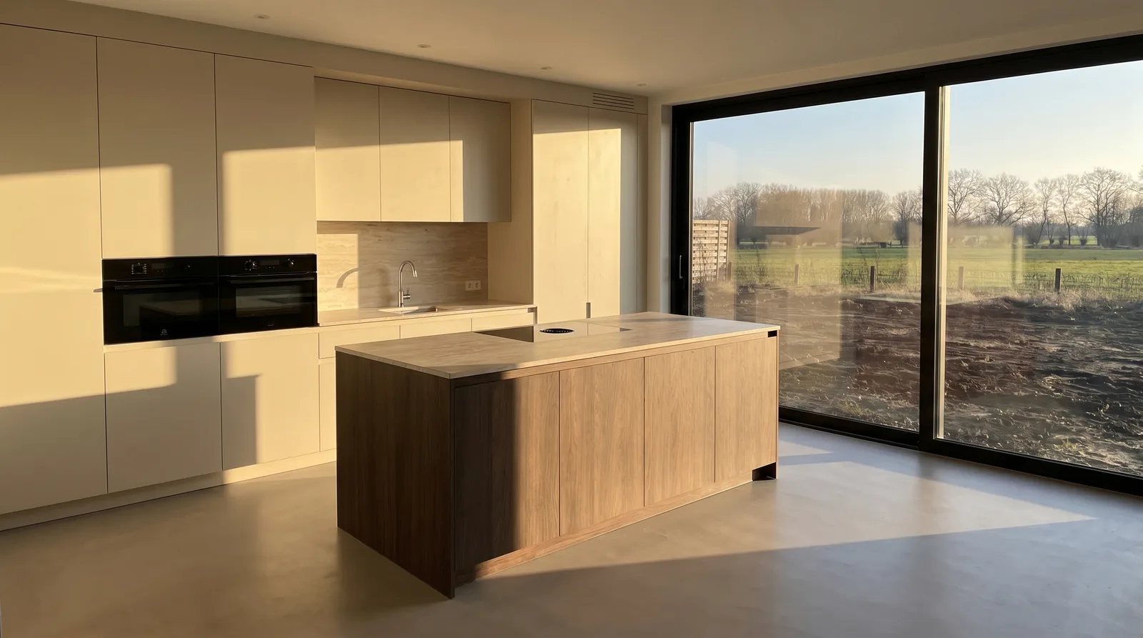 The kitchen at golden hour, from a single camera view.